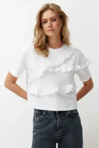 TRENDYOLMİLLA White 100% Thick Cotton Ruffle Detailed relaxed/Rahat Pattern Short Sleeve Knitting T-Shirt - Image 2
