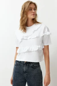 TRENDYOLMİLLA White 100% Thick Cotton Ruffle Detailed relaxed/Rahat Pattern Short Sleeve Knitting T-Shirt - Image 3