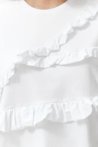 TRENDYOLMİLLA White 100% Thick Cotton Ruffle Detailed relaxed/Rahat Pattern Short Sleeve Knitting T-Shirt - Image 4