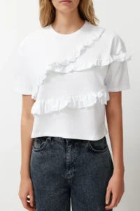 TRENDYOLMİLLA White 100% Thick Cotton Ruffle Detailed relaxed/Rahat Pattern Short Sleeve Knitting T-Shirt - Image 5