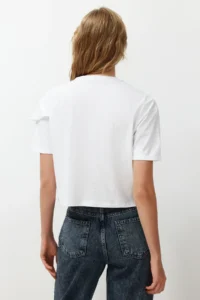 TRENDYOLMİLLA White 100% Thick Cotton Ruffle Detailed relaxed/Rahat Pattern Short Sleeve Knitting T-Shirt - Image 6