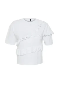 TRENDYOLMİLLA White 100% Thick Cotton Ruffle Detailed relaxed/Rahat Pattern Short Sleeve Knitting T-Shirt - Image 7