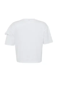 TRENDYOLMİLLA White 100% Thick Cotton Ruffle Detailed relaxed/Rahat Pattern Short Sleeve Knitting T-Shirt - Image 8