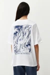 TRENDYOLMİLLA White 100% Cotton Back and Front Printed Oversized/Relaxed Cut Knitting T-Shirt - Image 6