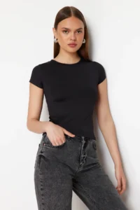 TRENDYOLMİLLA Black Polyamide Short Sleeve Crew Neck Fitted Knitting T-Shirt - Image 2
