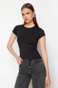 TRENDYOLMİLLA Black Polyamide Short Sleeve Crew Neck Fitted Knitting T-Shirt - Image 3