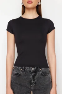 TRENDYOLMİLLA Black Polyamide Short Sleeve Crew Neck Fitted Knitting T-Shirt - Image 4