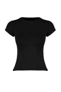 TRENDYOLMİLLA Black Polyamide Short Sleeve Crew Neck Fitted Knitting T-Shirt - Image 7