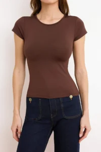 TRENDYOLMİLLA Brown Polyamide Short Sleeve Crew Neck Fitted Knitting T-Shirt - Image 3