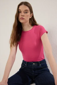 TRENDYOLMiLLA Fuchsia Polyamide Short Sleeve Crew Neck Fitted Knitting T-Shirt - Image 2