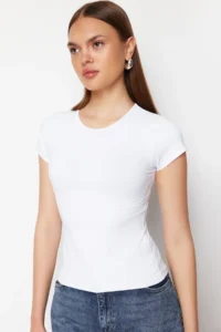 TRENDYOLMiLLA White Polyamide Short Sleeve Crew Neck Fitted Knitting T-Shirt - Image 2