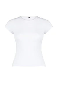 TRENDYOLMiLLA White Polyamide Short Sleeve Crew Neck Fitted Knitting T-Shirt - Image 7