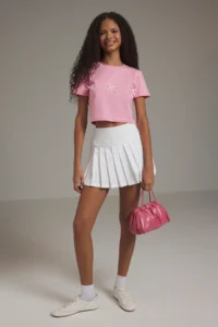 TRENDYOLMİLLA Pink Bow Detailed Crop Short Sleeve Crew Neck Flexible Knitting T-Shirt