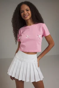 TRENDYOLMİLLA Pink Bow Detailed Crop Short Sleeve Crew Neck Flexible Knitting T-Shirt - Image 2