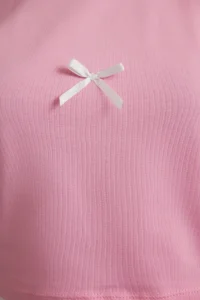 TRENDYOLMİLLA Pink Bow Detailed Crop Short Sleeve Crew Neck Flexible Knitting T-Shirt - Image 3