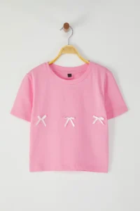 TRENDYOLMİLLA Pink Bow Detailed Crop Short Sleeve Crew Neck Flexible Knitting T-Shirt - Image 5