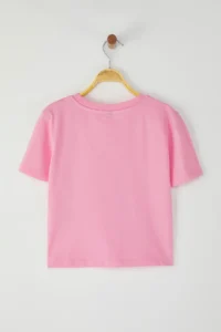 TRENDYOLMİLLA Pink Bow Detailed Crop Short Sleeve Crew Neck Flexible Knitting T-Shirt - Image 6