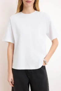 TRENDYOLMİLLA White 100% Thick Cotton Zipper Detailed relaxed Pattern Knitting T-Shirt - Image 2