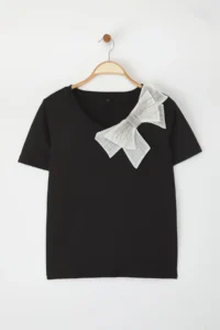 TRENDYOLMİLLA Black Bow Accessory Detailed Oversized/Wide Pattern Knitting T-Shirt - Image 6