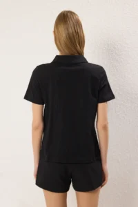 TRENDYOLMİLLA Black Thick Cotton Polo Shirt Collar Stone Detailed Regular/Normal Pattern Knitting T-Shirt - Image 4