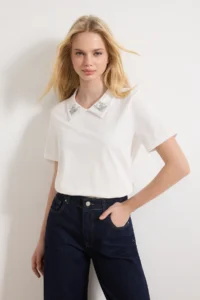TRENDYOLMİLLA White Thick Cotton Polo Shirt Collar Stone Detailed Regular/Normal Pattern Knitting T-Shirt