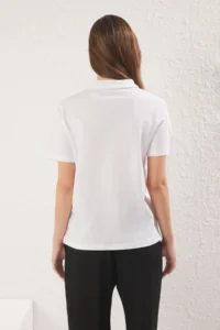 TRENDYOLMİLLA White Thick Cotton Polo Shirt Collar Stone Detailed Regular/Normal Pattern Knitting T-Shirt - Image 9