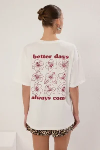 TRENDYOLMİLLA Ecru 100% Thick Cotton Oversized/Wide Pattern Front Back Printed Knitting T-Shirt - Image 4