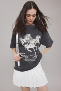 TRENDYOLMİLLA Anthracite 100% Cotton Oversized/Wide Pattern Printed Knitting T-Shirt