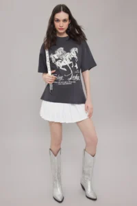 TRENDYOLMİLLA Anthracite 100% Cotton Oversized/Wide Pattern Printed Knitting T-Shirt - Image 2