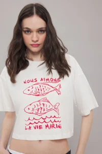 TRENDYOLMİLLA Ecru 100% Thick Cotton relaxed/Rahat Pattern Crop Printed Knitting T-Shirt - Image 2