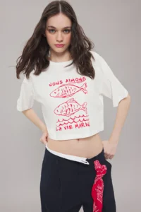 TRENDYOLMİLLA Ecru 100% Thick Cotton relaxed/Rahat Pattern Crop Printed Knitting T-Shirt - Image 3