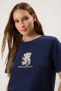 TRENDYOLMİLLA Navy Blue 100% Cotton Regular/Normal Pattern Teddy Bear Embroidered Knitting T-Shirt - Image 2