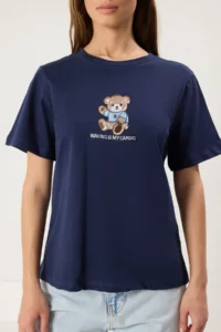 TRENDYOLMİLLA Navy Blue 100% Cotton Regular/Normal Pattern Teddy Bear Embroidered Knitting T-Shirt - Image 3
