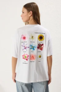 TRENDYOLMİLLA White 100% Thick Cotton Oversized/Wide Pattern Front Back Floral Printed Knitting T-Shirt - Image 5