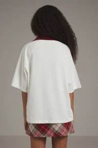 TRENDYOLMİLLA Ecru Thick Cotton Knitwear Tape Detailed Embroidered Overize/Wide Pattern Knitting T-Shirt - Image 4