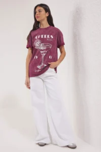 TRENDYOLMİLLA Burgundy Thick Cotton Printed Oversized/Wide Pattern Knitting T-Shirt - Image 2