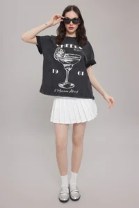 TRENDYOLMİLLA Anthracite Thick Cotton Washable Printed Oversized/Wide Pattern Knitting T-Shirt