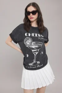 TRENDYOLMİLLA Anthracite Thick Cotton Washable Printed Oversized/Wide Pattern Knitting T-Shirt - Image 2