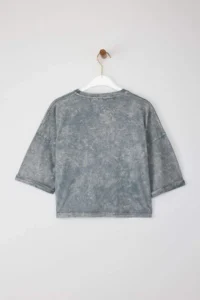 TRENDYOLMİLLA Gray Thick Cotton Washable Floral relaxed/Rahat Pattern Crop Knitting T-Shirt - Image 6