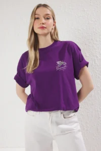 TRENDYOLMİLLA Purple 100% Cotton Oversized/Wide Pattern Galaxy Printed Knitting T-Shirt