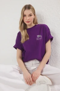 TRENDYOLMİLLA Purple 100% Cotton Oversized/Wide Pattern Galaxy Printed Knitting T-Shirt - Image 2