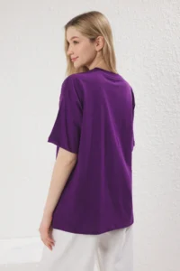 TRENDYOLMİLLA Purple 100% Cotton Oversized/Wide Pattern Galaxy Printed Knitting T-Shirt - Image 4