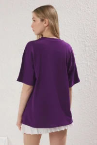 TRENDYOLMİLLA Purple 100% Cotton Oversized/Wide Pattern Printed Knitting T-Shirt - Image 4