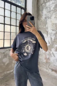 TRENDYOLMİLLA Anthracite 100% Cotton Oversized/Wide Pattern Printed Knitting T-Shirt