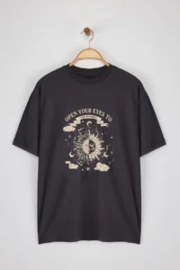 TRENDYOLMİLLA Anthracite 100% Cotton Oversized/Wide Pattern Printed Knitting T-Shirt - Image 6
