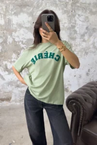 TRENDYOLMİLLA Mint 100% Cotton Oversized/Wide Cut Slogan Embroidered Knitting T-Shirt