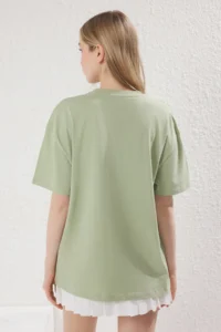 TRENDYOLMİLLA Mint 100% Cotton Oversized/Wide Cut Slogan Embroidered Knitting T-Shirt - Image 5