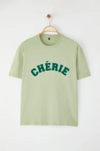 TRENDYOLMİLLA Mint 100% Cotton Oversized/Wide Cut Slogan Embroidered Knitting T-Shirt - Image 6