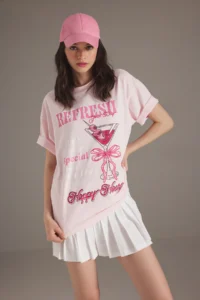 TRENDYOLMİLLA Light Pink 100% Thick Cotton Cocktail Printed Oversized/Wide Cut Knitting T-Shirt - Image 2