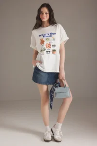 TRENDYOLMİLLA Ecru 100% Thick Cotton Oversized/Wide Pattern Printed Knitting T-Shirt - Image 2